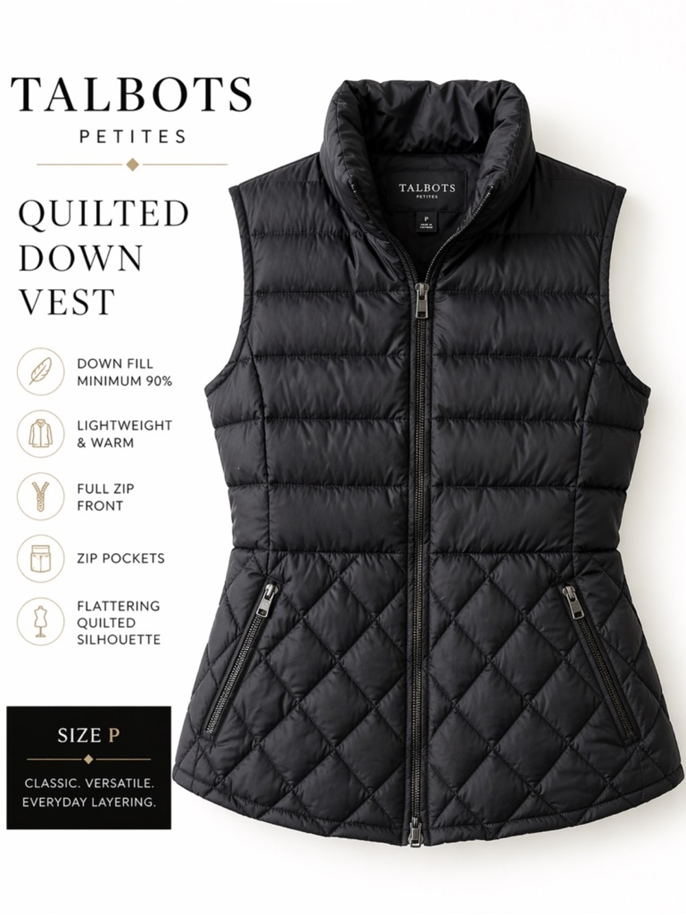 Talbots Black Diamond Quilted Down Puffer Vest Petite Slim Full Zip